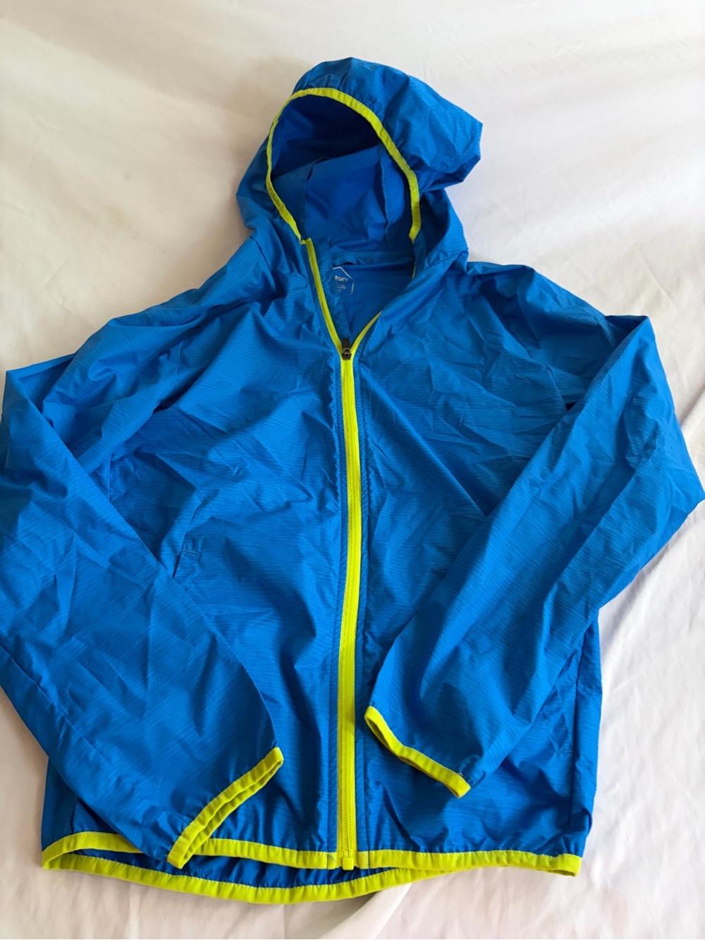 ASICS Blue Hooded Windbreaker Jacket Lime Green Trim Adult Small